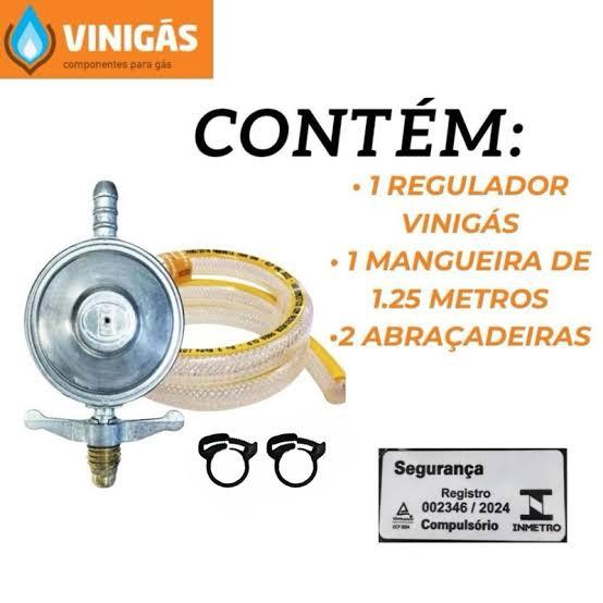 Kit Regulador Gás de Cozinha Para Botijão P13 Com Mangueira 1,25m e 2 Abraçadeiras
