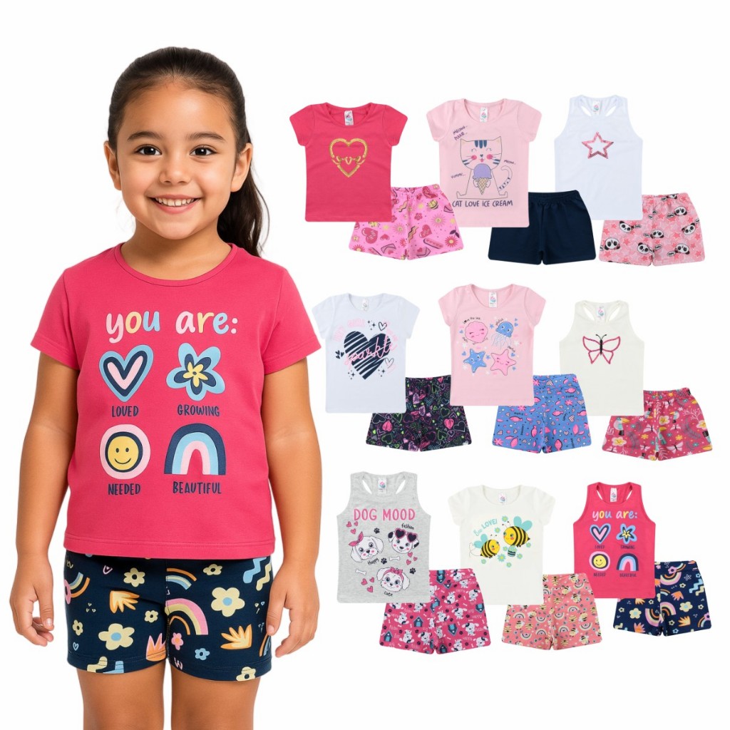 Conjunto Infantil Roupa Menina Camiseta Bermuda Conjunto Sortido Verão Moda Bebê 1 Conjunto 2 Peças