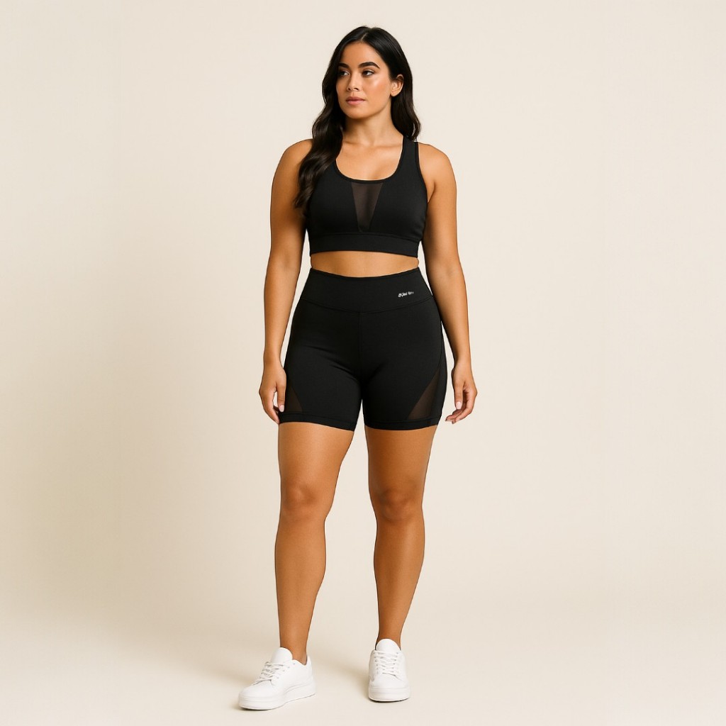 Conjunto Short Cintura Alta Top Academia Fitness Feminino Zero Transparência Cropped Short Poliamida