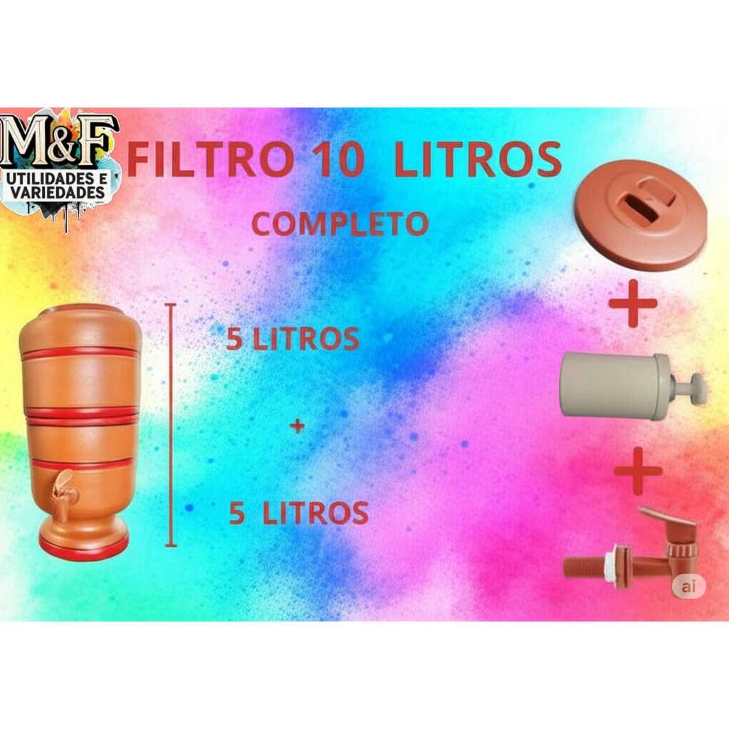 Filtro de Barro 10 Litros (5 litros em cima mais 5 litros em baixo) -Água Natural e Fresca com vela!