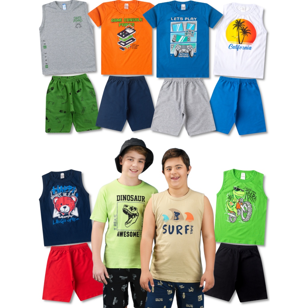 8 Conjuntos Infantil Juvenil Masculino Roupa 16 Peças - 8 Camisetas e 8 Bermudas