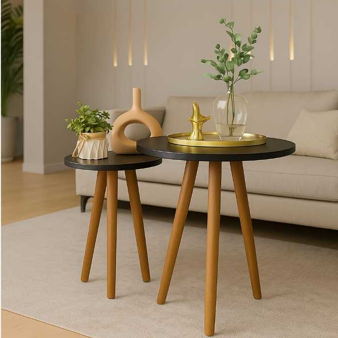 Mesa lateral redonda e canto na cor preta Kit com 2 unidades com 3 pé palito na cor amendoa em Oferta na Shopee