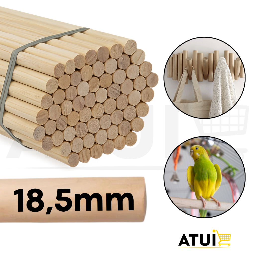 Kit 10 Cabos de Madeira Pinus 18,5mm Bastão Vareta Poleiro para Aves Bandeira Banner Artesanatos