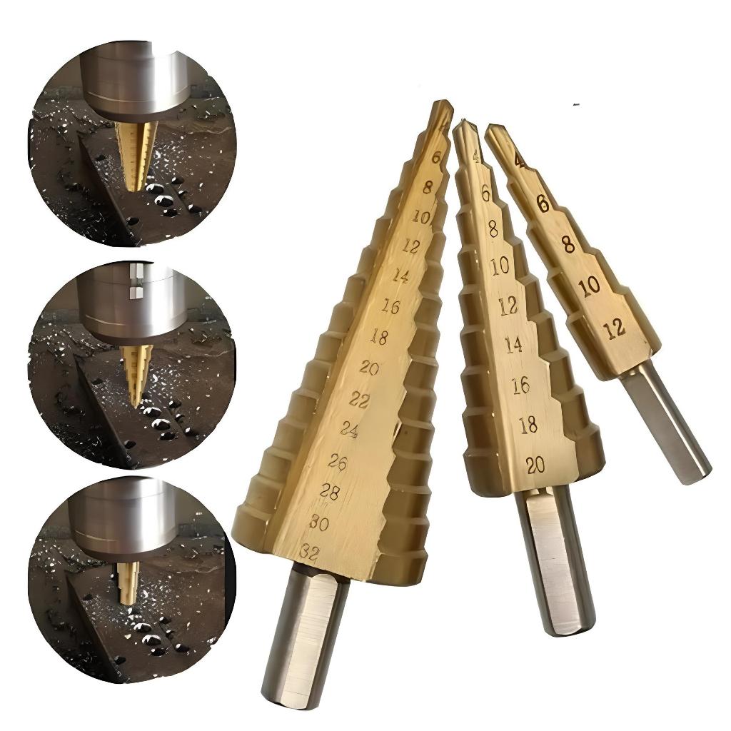 Kit 3 Broca Escalonada Espiral Aço Titânio 4 a 32mm Titânio Perfuração Metal em Oferta na Shopee