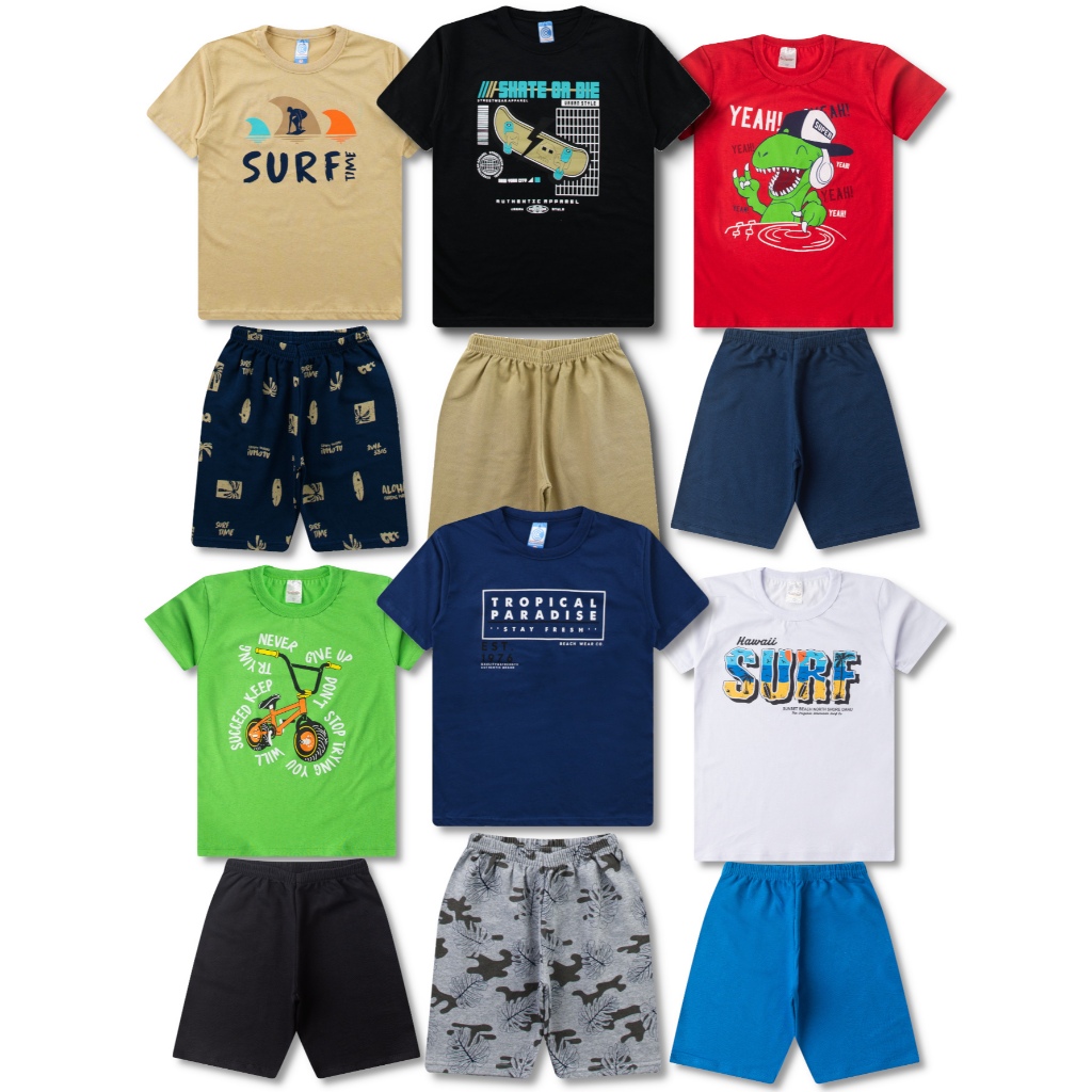 6 Conjuntos Infantil Juvenil Masculino Roupa 12 Peças - 6 Camisetas e 6 Bermudas