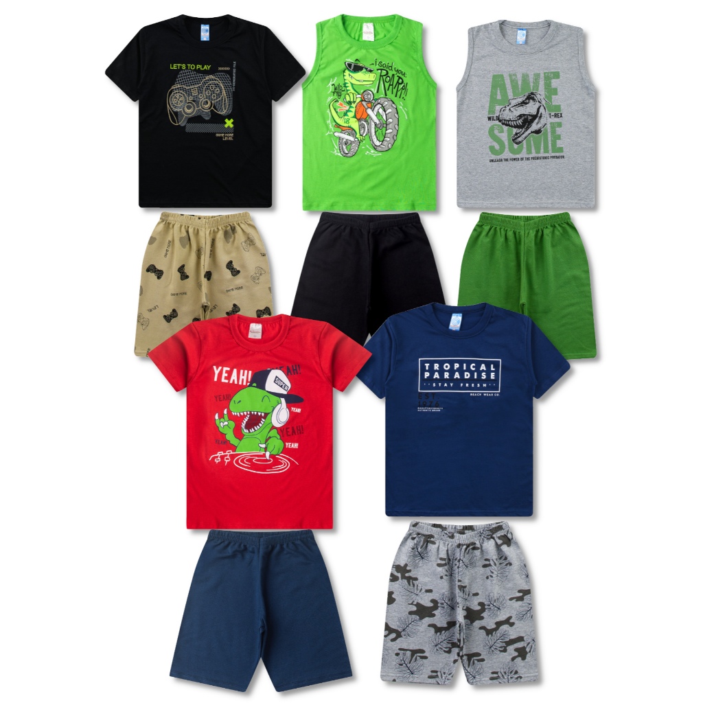 5 Conjuntos Infantil Juvenil Masculino Roupa 10 Peças - 5 Camisetas e 5 Bermudas