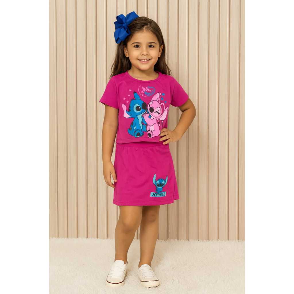 Conjunto Stitch e Angel Juvenil Cropped + Saia Menina Moda Blogueirinha
