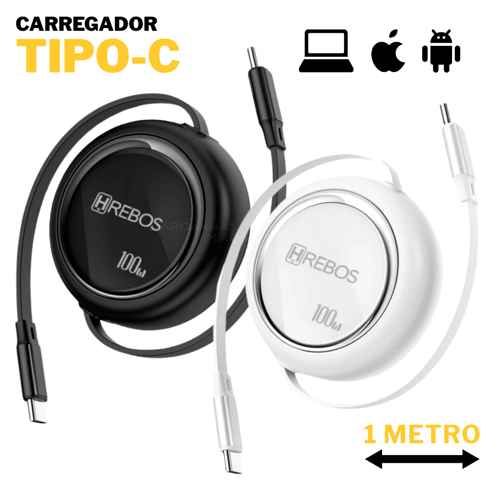 Cabo Carregador Tipo C Retrátil 1 Metro Compativel Celular Samsung Xiaomi Iphone Notebook Tablet em Oferta na Shopee