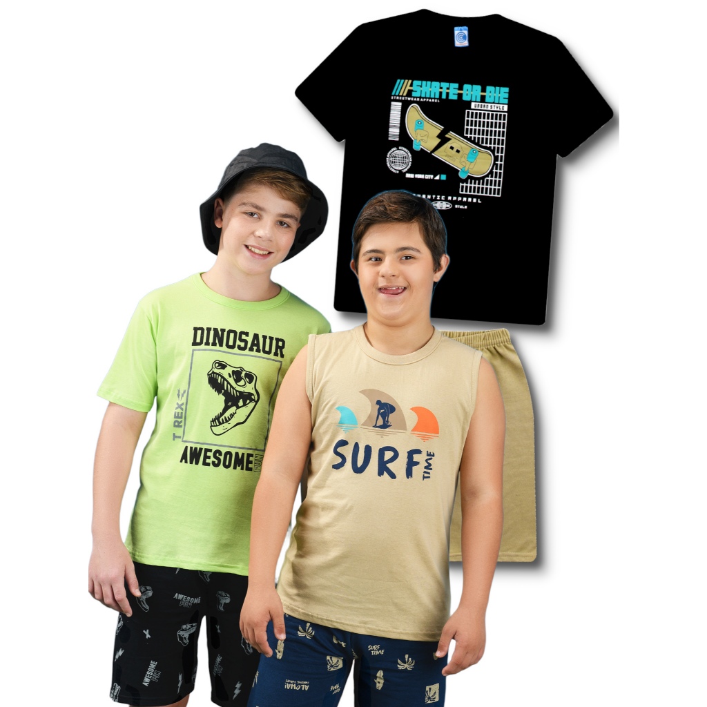 3 Conjuntos Juvenil Infantil Masculino Roupa 6 Peças - 3 Camisetas e 3 Bermudas