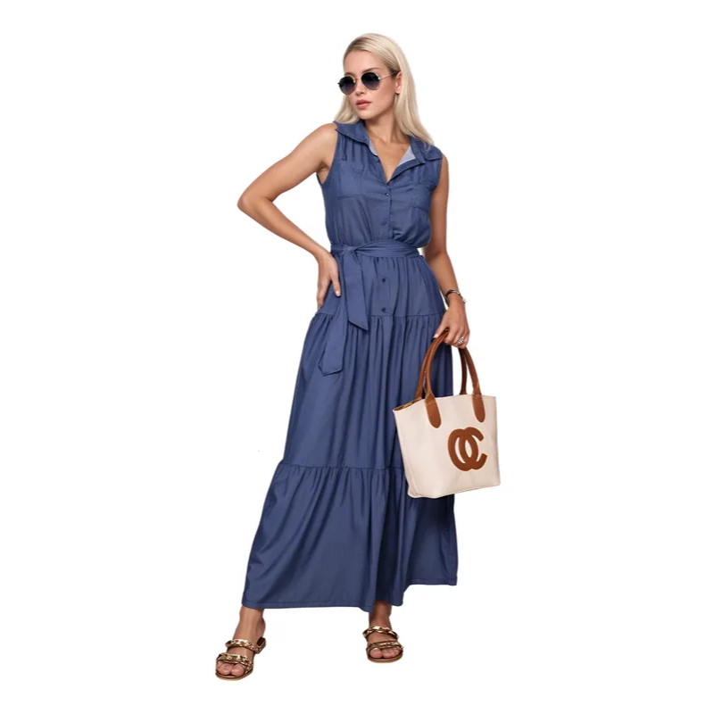 Vestido Chemise Longo Tecido Jens Chambray Carol