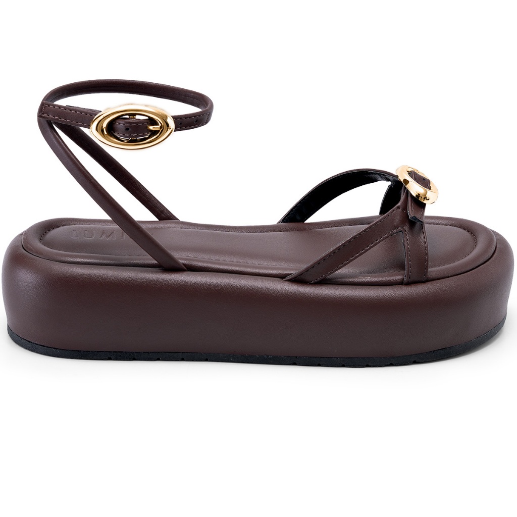 Detalhes do Sandália Feminina Lumiss Flatform Tiras Finas Fivela Oval Dourada Confortável Marrom