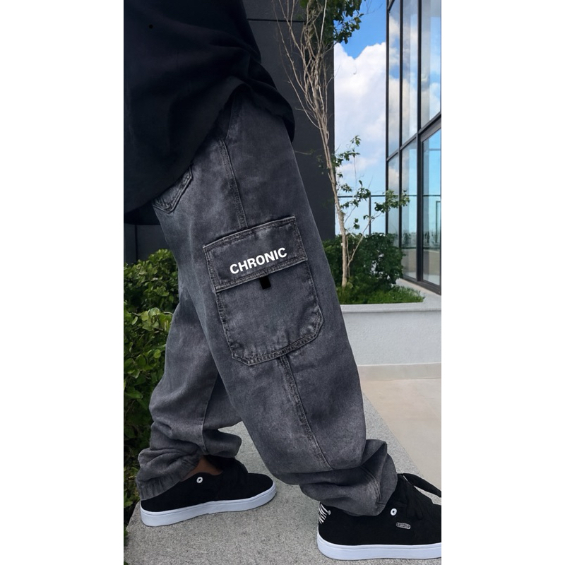 Calça cargo ESTONADA CHRONIC contraste 5 bolsos jeans denim streetwear larga balão