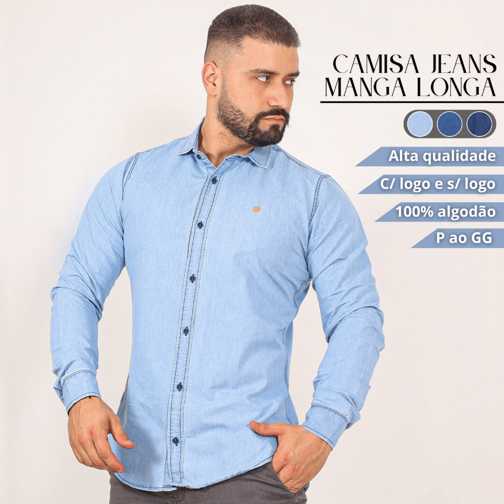 Camisa Masculina Jeans Manga Longa Social Slim Botão Casual Festa P ao GG