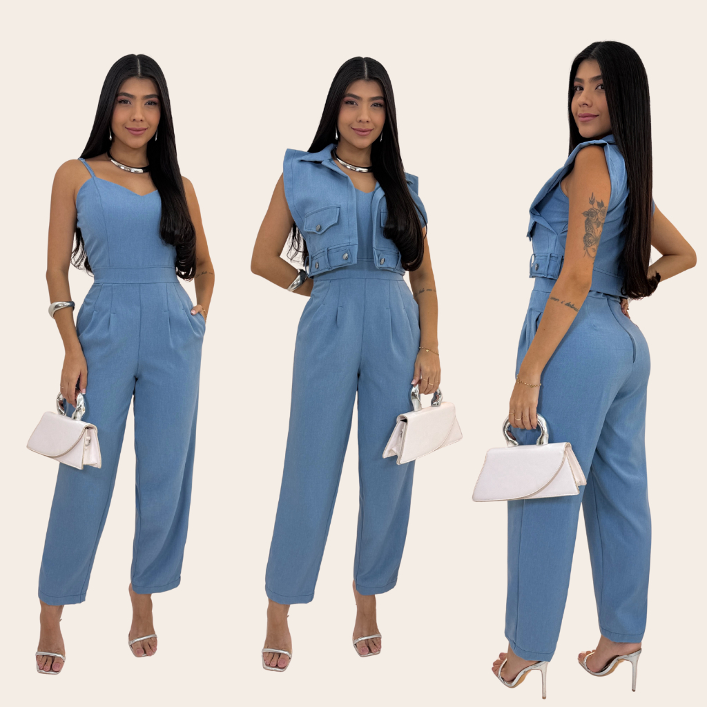 Conjunto Feminino de Macacão Longo Com Colete Elegante e Estiloso