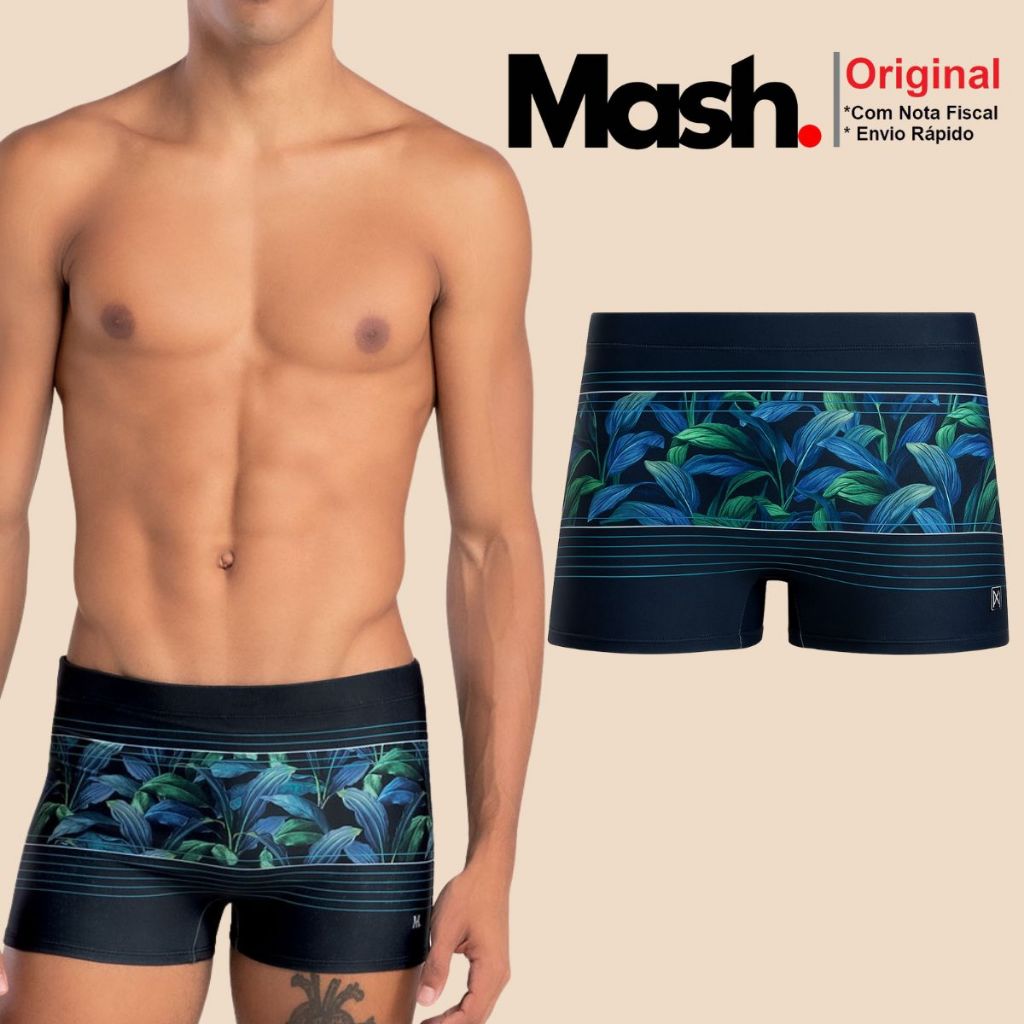 Sunga Mash Boxer Forrada Adulto com Cordão de Regulagem Estampa de Folhagem FPS 50 Moda Praia Verão
