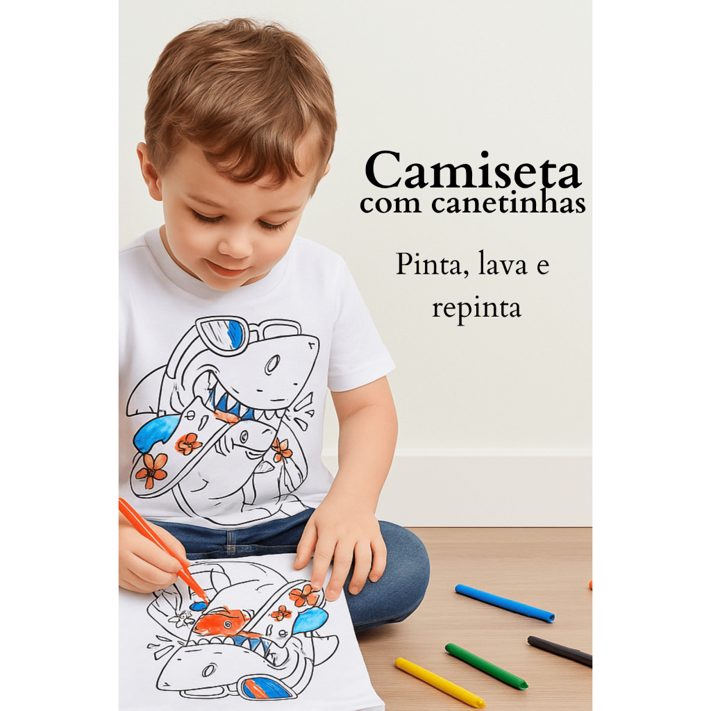 Camiseta ACOMPANHA CANETINHAS para colorir infantil kids menina e menino