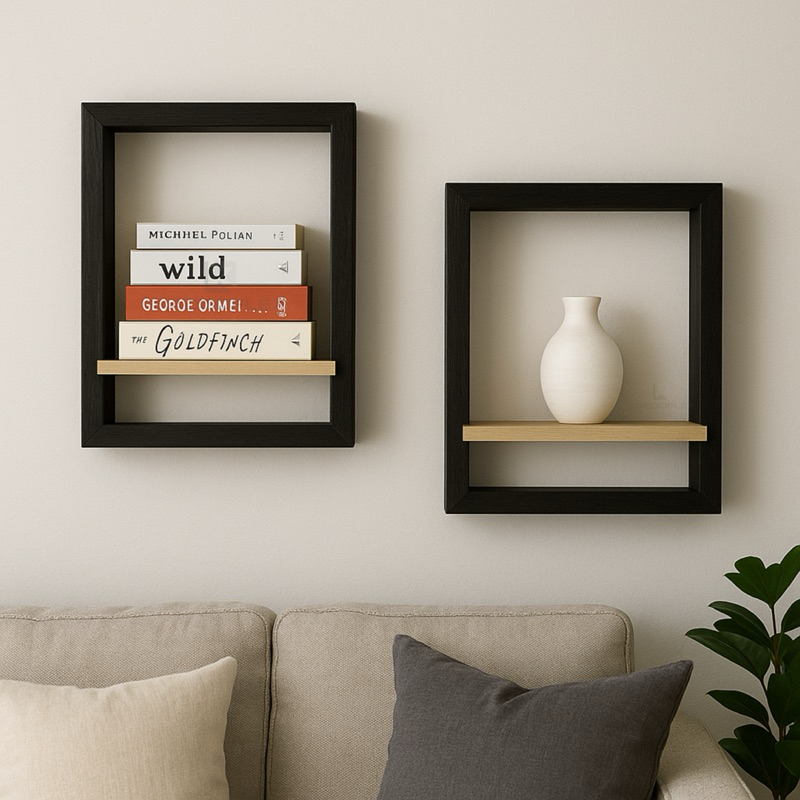 Prateleira Kit com 2 dois Quadros Nichos Moldura em Pinus para Decoração Presente