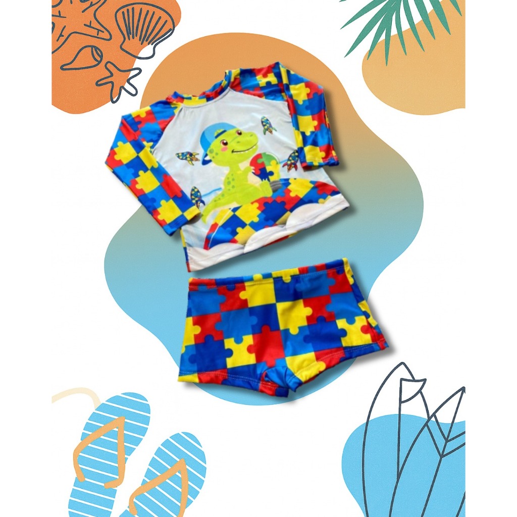 Roupa Praia UV50+ Infantil Autismo Menino Blusa Manga Longa + Sunga em Oferta na Shopee