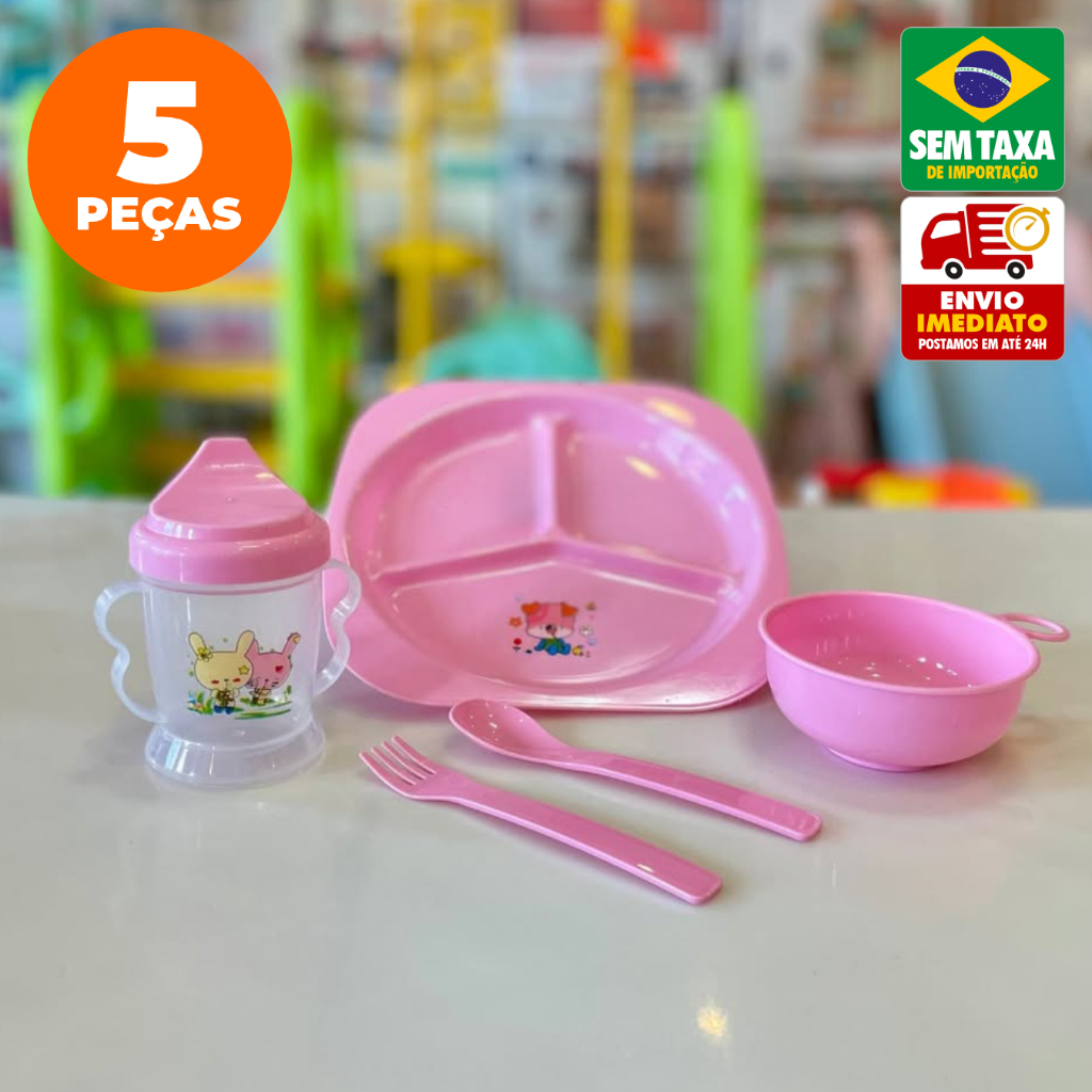 Kit Refeição Infantil 4 ou 5 Peças Tigela Copo Colher Garfo Prato Divisória Amigold Azul Rosa em Oferta na Shopee