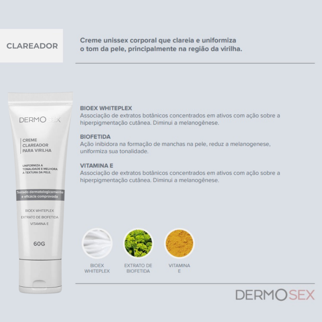 Creme Clareador para Virilha Axilas Dermosex | Uniformiza Tom da Pele, Clareia Manchas, Uso Unissex