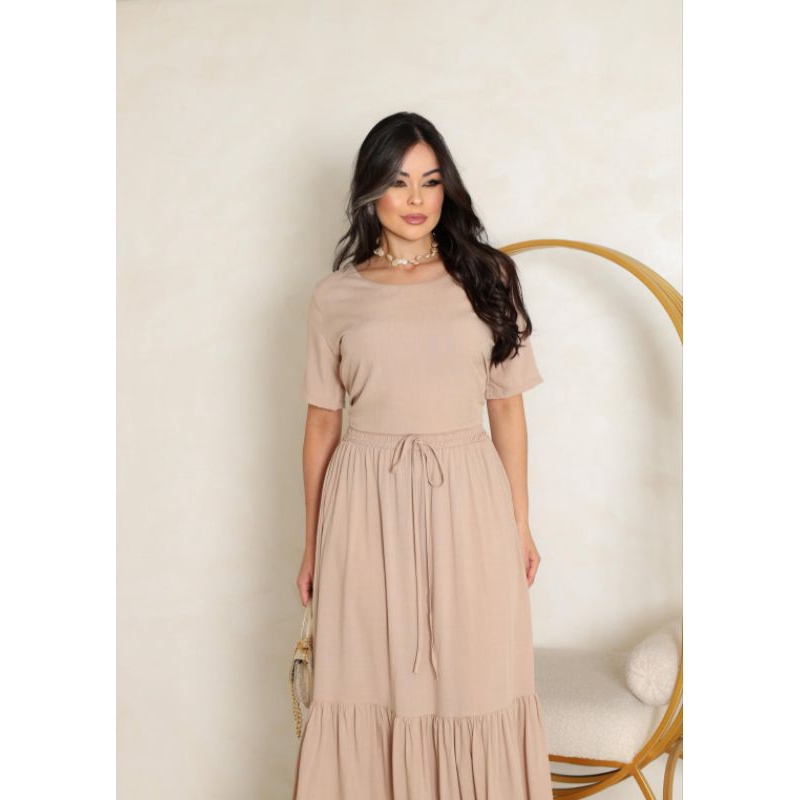 Conjunto de saia longa com elástico e camiseta manga longa  viscolinho modesta evangélica confortável