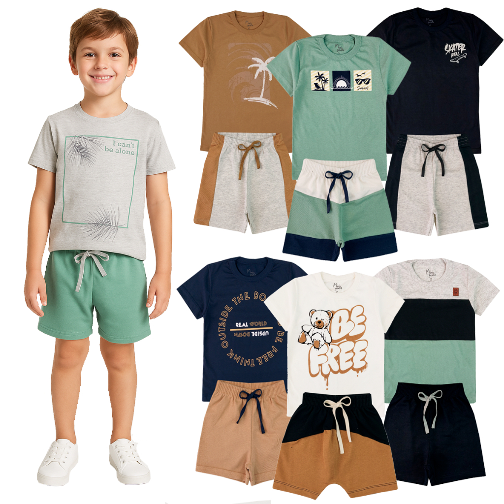 Kit 8 Peças Sortido Roupa Algodão Camiseta Bermuda Verão Criança Menino Masculino
