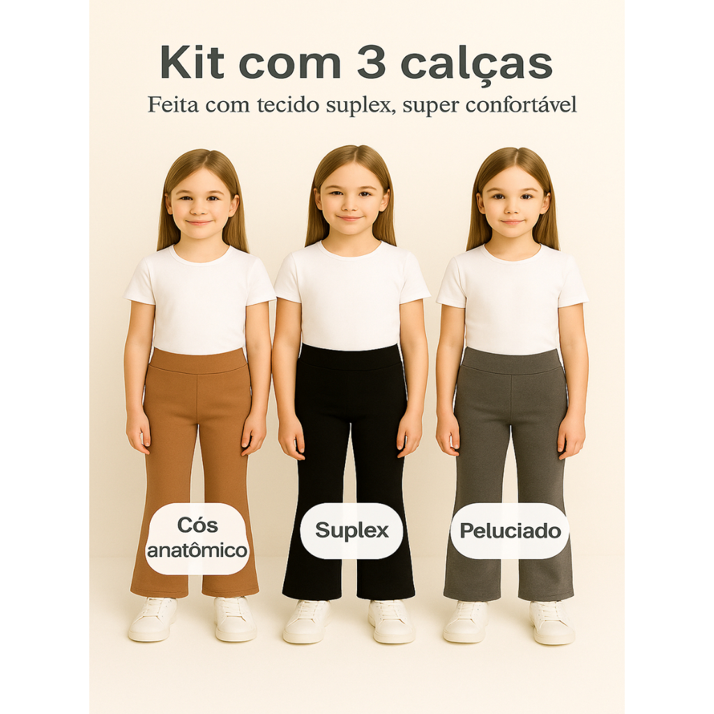 Kit 3 Calça Flare Térmica Menina Peluciada Inverno Grossa Quentinha Cós Alto Tamanhos 1 ao 16 Estilo