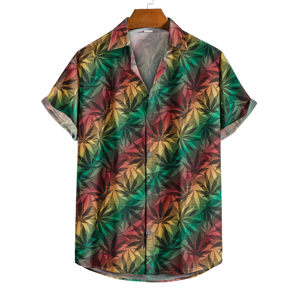 Camisa De Botão Reggae Style Rastafári, Folhas De Cannabis E Estilo Jamaica Folhas De Cannabis Em Degradê [Ref-054]
