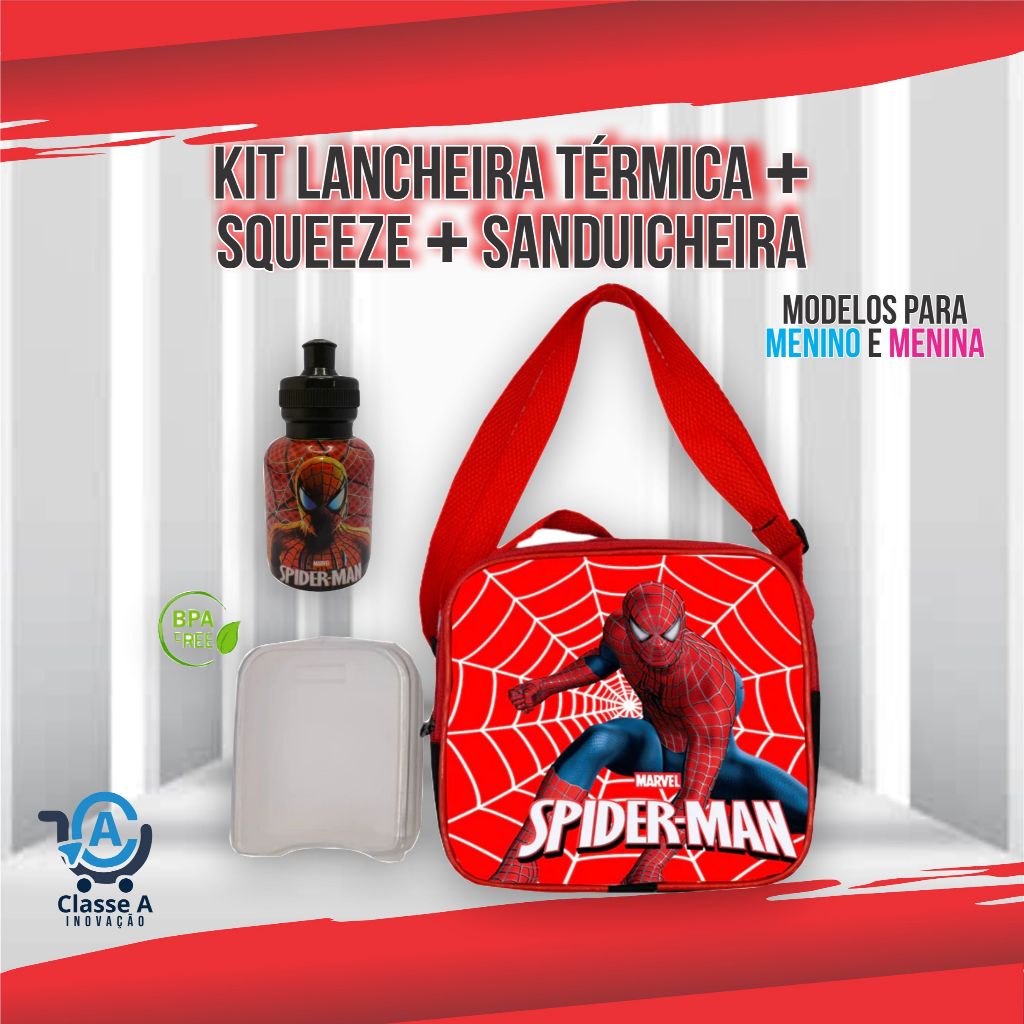 Kit Escola Lancheira Térmica Infantil Squeeze Sanduicheira Personagens Barbie Homem Aranha Carros em Oferta na Shopee