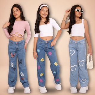 Calça Jeans Infantil Wide Leg Feminina Estilosa 4 ao 16 c/ Elástico Barra Larga Moda Blogueirinha em Oferta na Shopee