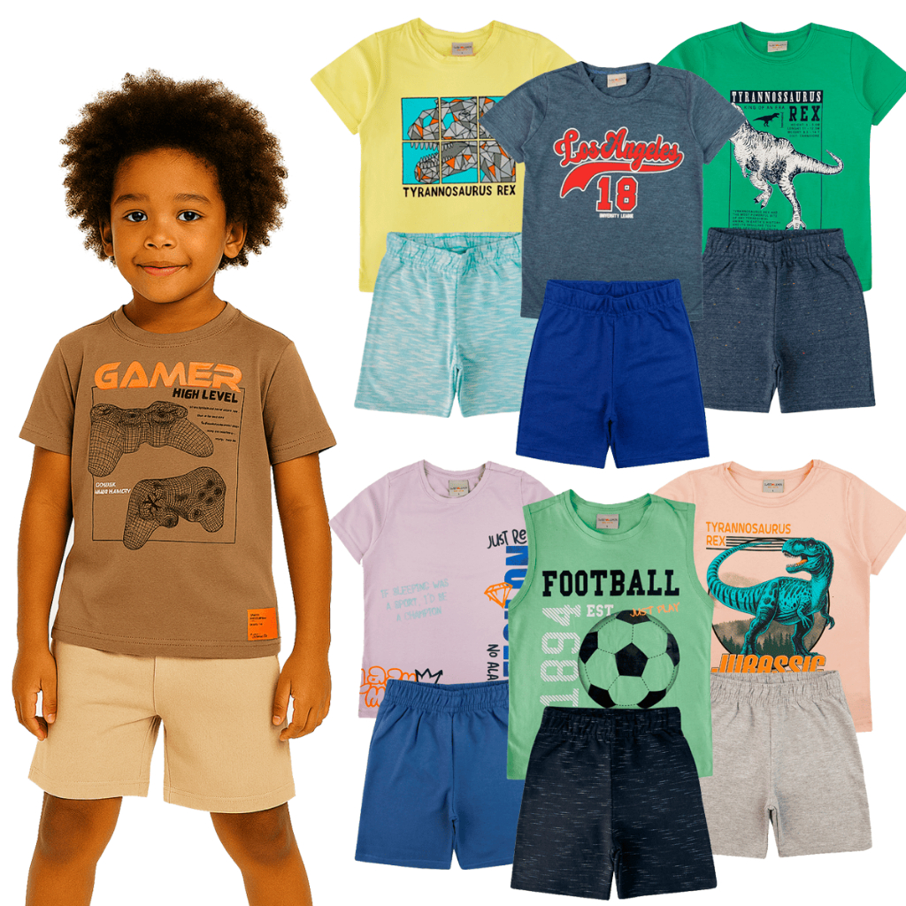 Kit 8 Peças Sortido Roupa Algodão Camiseta Bermuda Verão Menino Masculino