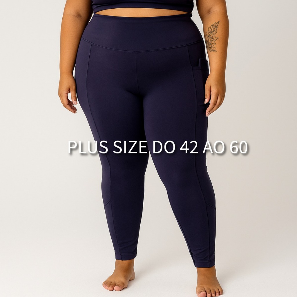 CALÇA LEGGING PLUS SIZE ZERO TRANSPARENCIA COM BOLSO PARA CELULAR NA LATERAL CINTURA ALTA EFEITO LIPO TAMANHO 42 AO 60