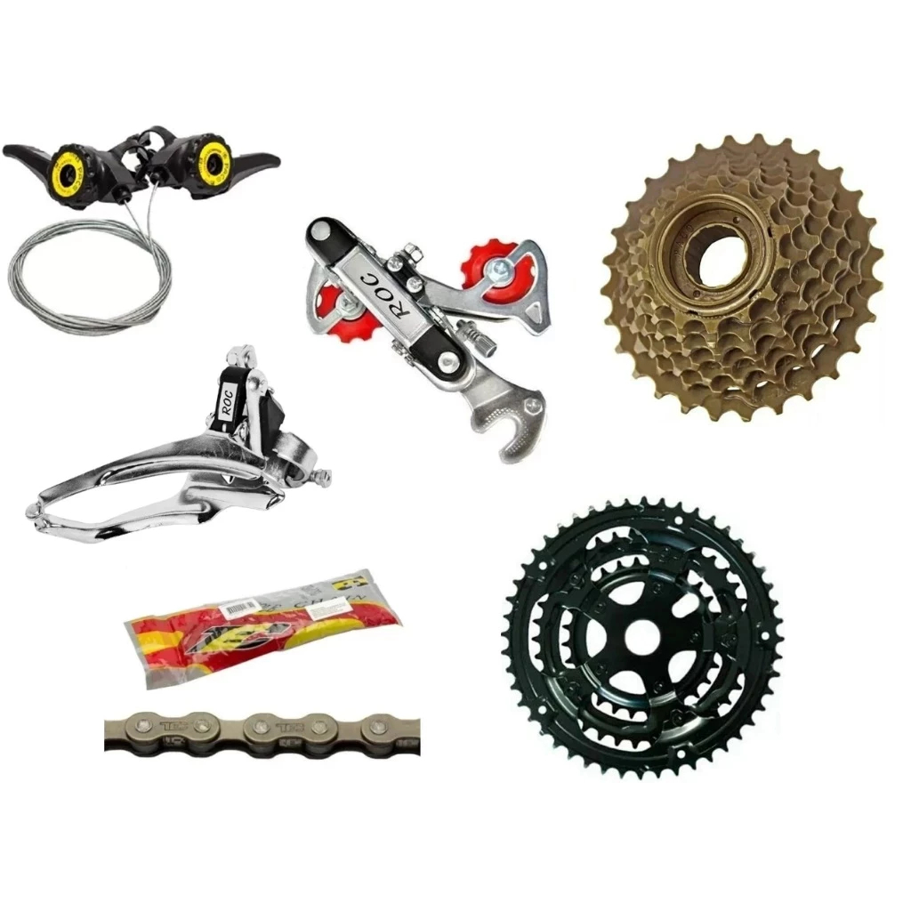 Jogo de Relação Completa Bike 18 Marchas Com Câmbios, Roda Livre, Coroa Tripla, Corrente e Alavanca