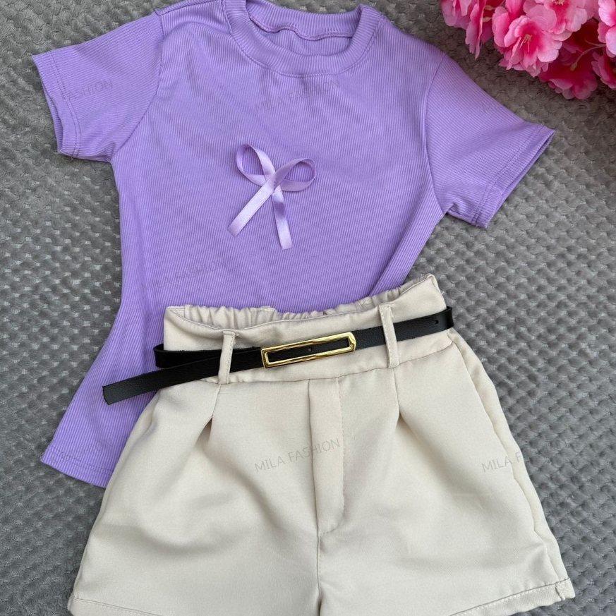 KIT 3 Peças Conjunto Infantil Menina blusa+short e cinto modinha tendencia blogueirinha 4-12 anos