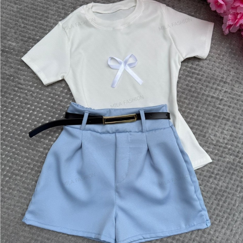 KIT 3 Peças conjunto infantil blusa + short  e cinto menina infantil  4 ao 12 em Oferta na Shopee