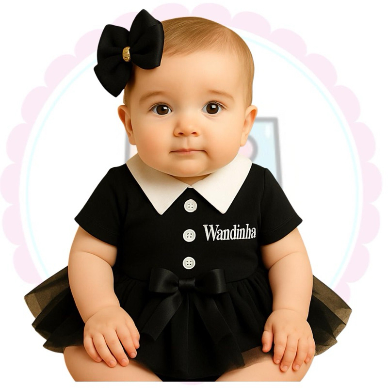 Body bebê Wandinha temático mesvesário Família Addams Vandinha