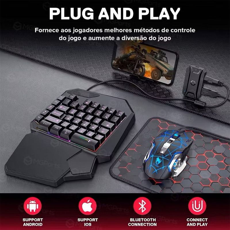 Kit Mobilador Gamer 5 em 1 Bluetooth Teclado Mouse RGB Conversor Suporte Celular Tapete Android Jogos Mobile
