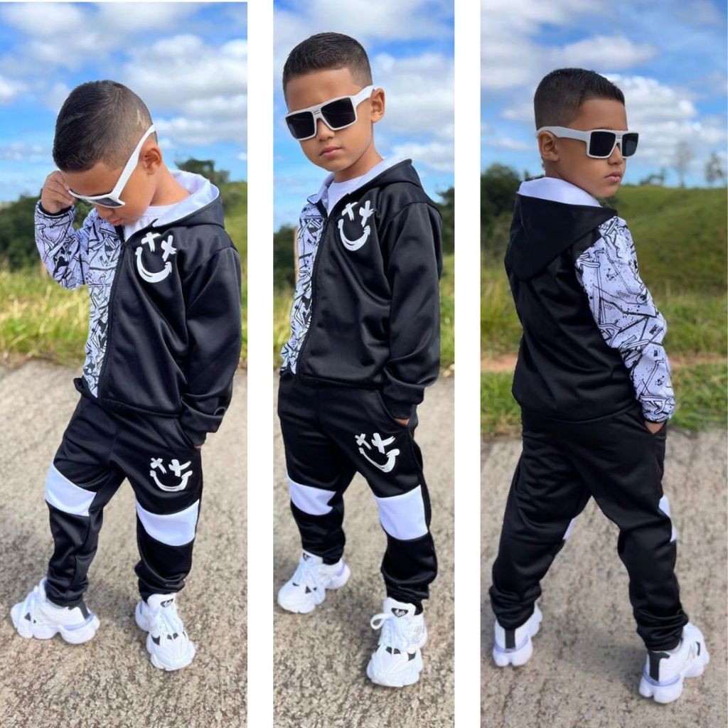 Conjunto Inverno Casaco Com Capuz + Calça Moletom Chimpa Flanelado Masculino Moda Blogueiro ate 12 anos