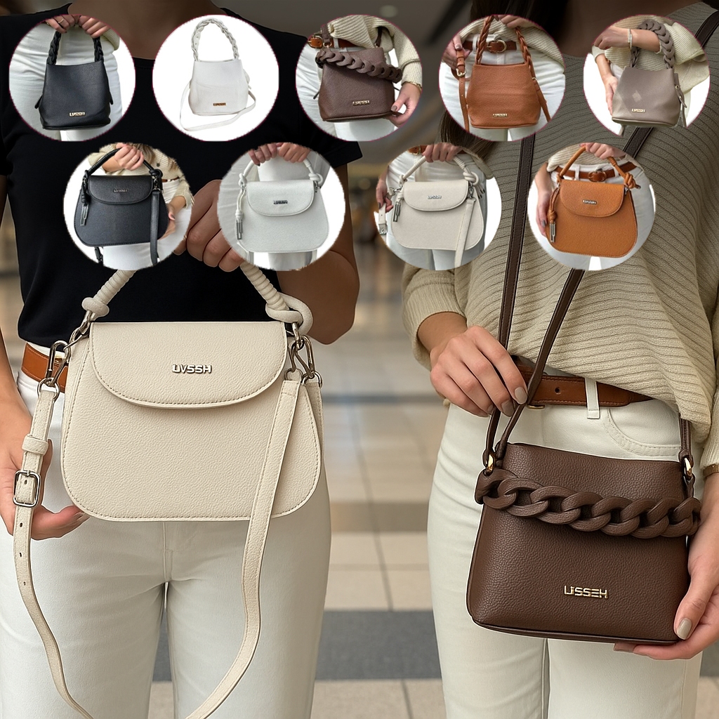 Bolsa Feminina Transversal de Couro Sintético com Alça em Corda ou Trançada Bolsinha Grande Pequena Zíper Botão Passeio