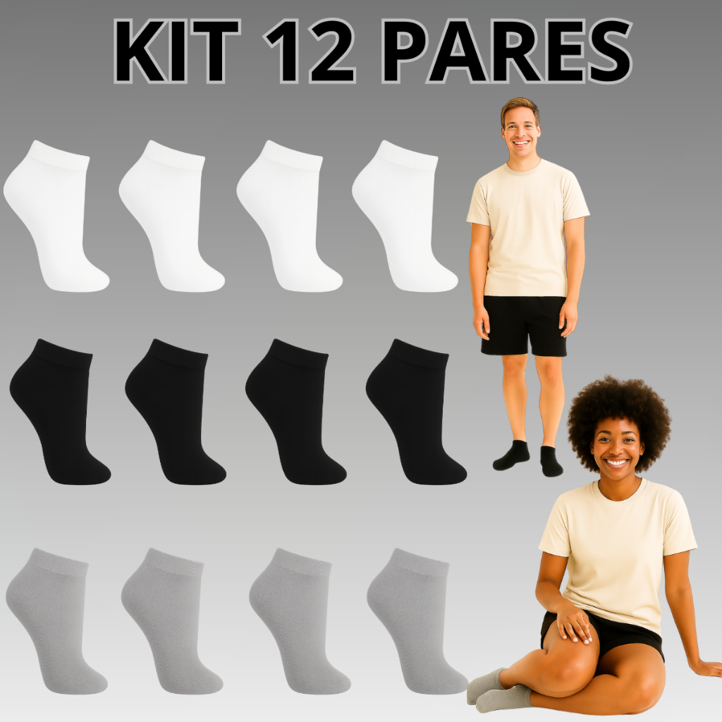 Kit 3 6 12 Par Meia Soquete Algodão Cano Curto Adulto e Juvenil Unissex Escola Trabalho Homem Mulher em Oferta na Shopee