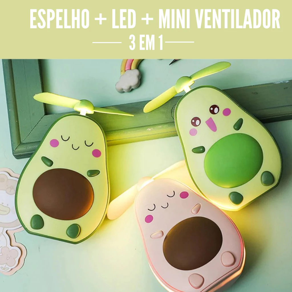 kit Mini Espelho Compacto Portátil De Abacate Ventilador de Viagem Luz Noturna LED 3em 1