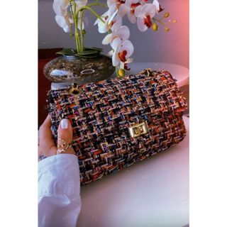 Bolsa Feminina de Ombro e Tiracolo Média em Tweed – Jumbo Luxo Tecido em Oferta na Shopee