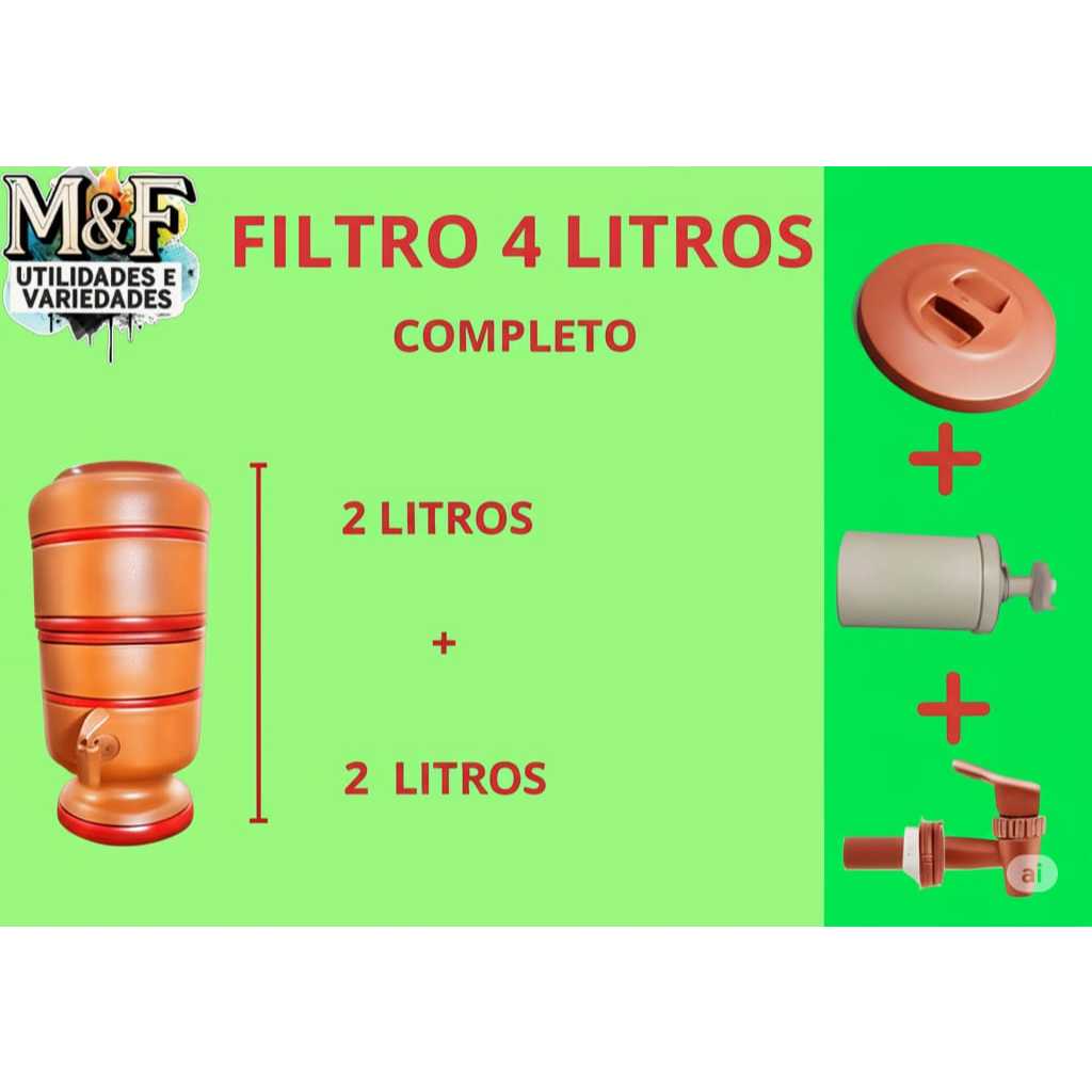 Filtro de Barro (Purificador de agua) com Vela e Torneira - Capacidade 4L - Pronta Entrega