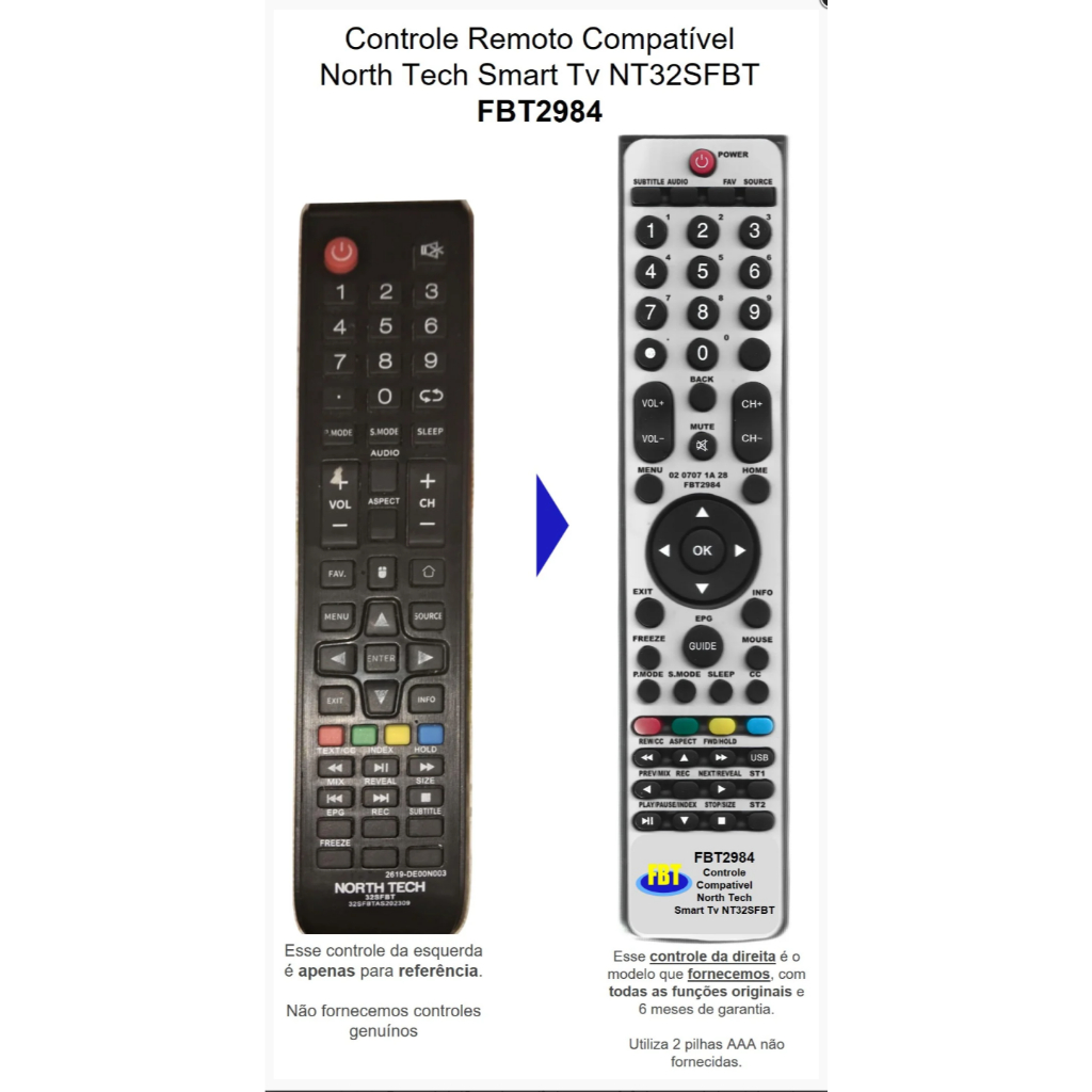 Controle Remoto Compatível TV North Tech NT32SFBT V2 FBT2984