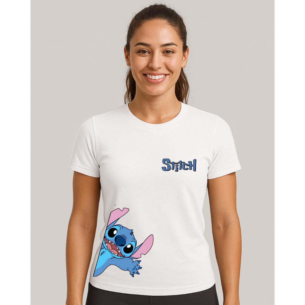 Camiseta Feminina  T-SHIRT ESTAMPADA PERSONALIZADA STITCH Blusa Estilosa 100% Algodão Premium