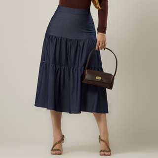Saia Feminina Jeans Tencel Leve Três Marias Rodada Solta Midi Longuete Cintura Alta Elegante Dorameira Moda Evangélica em Oferta na Shopee
