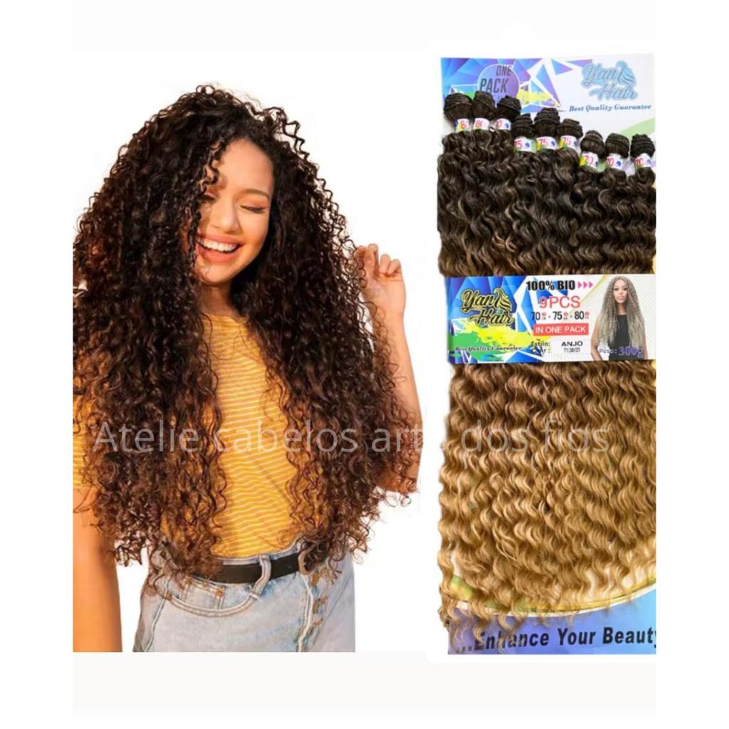 Cabelo Bio Orgânico Cacheado Ondulado 80cm 320g 9 Telas Cor Mel Iluminado T1/30/27 Natural Premium Aplique Mega Hair