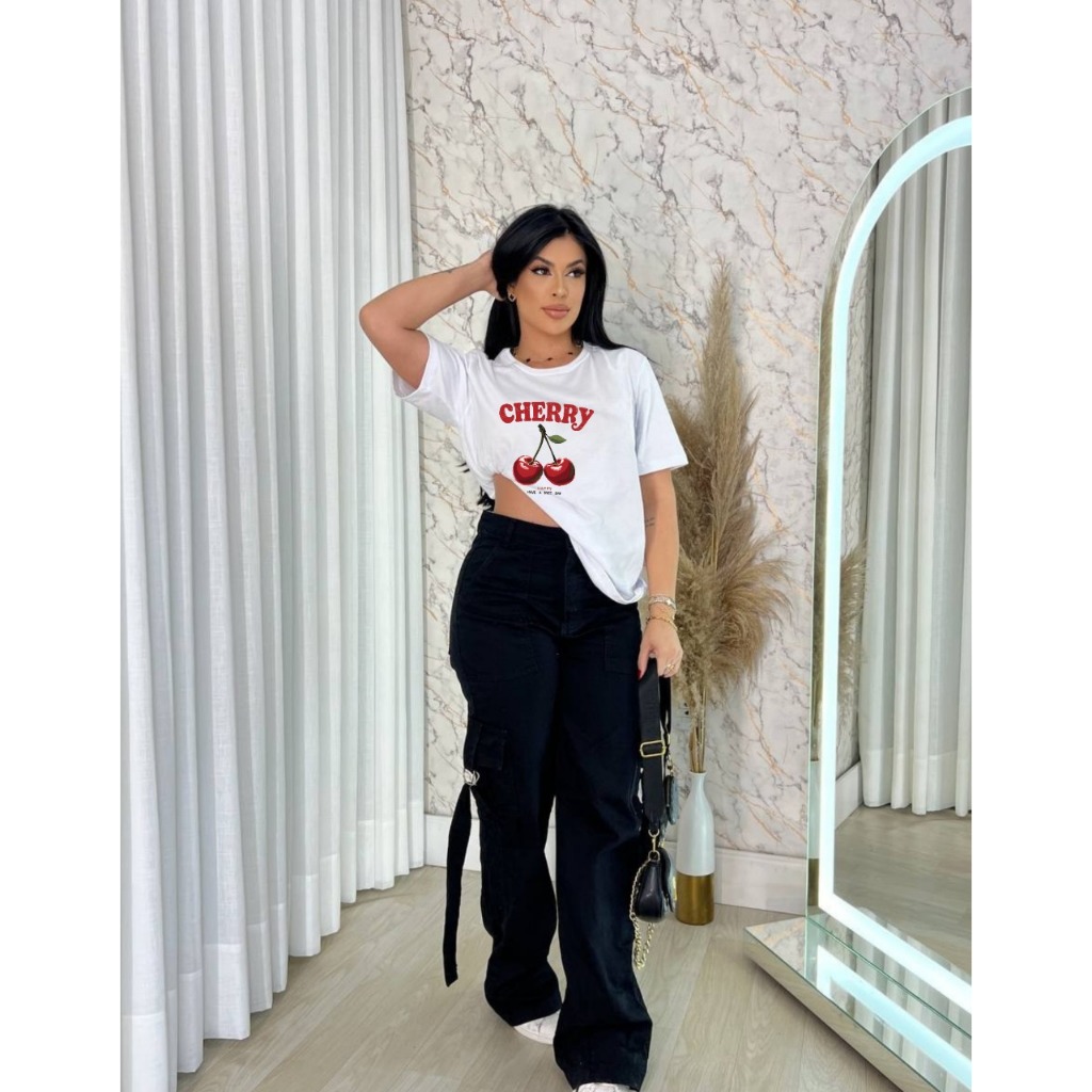 Camiseta Oversized Feminina Cherry Estampada Perfeita Para O Dia A Dia