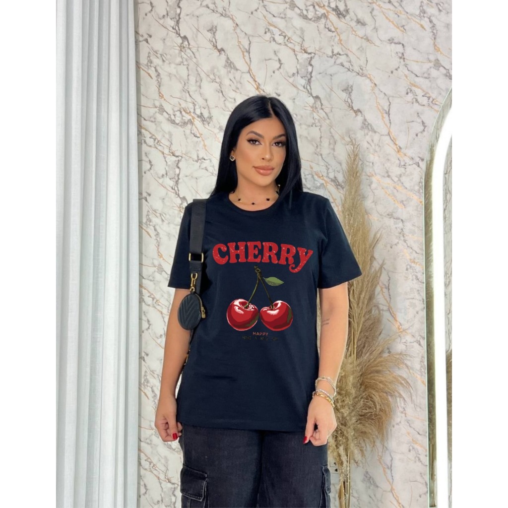 Camiseta Oversized Feminina Estampada Cherry Confortável Passeio Casual Encontro