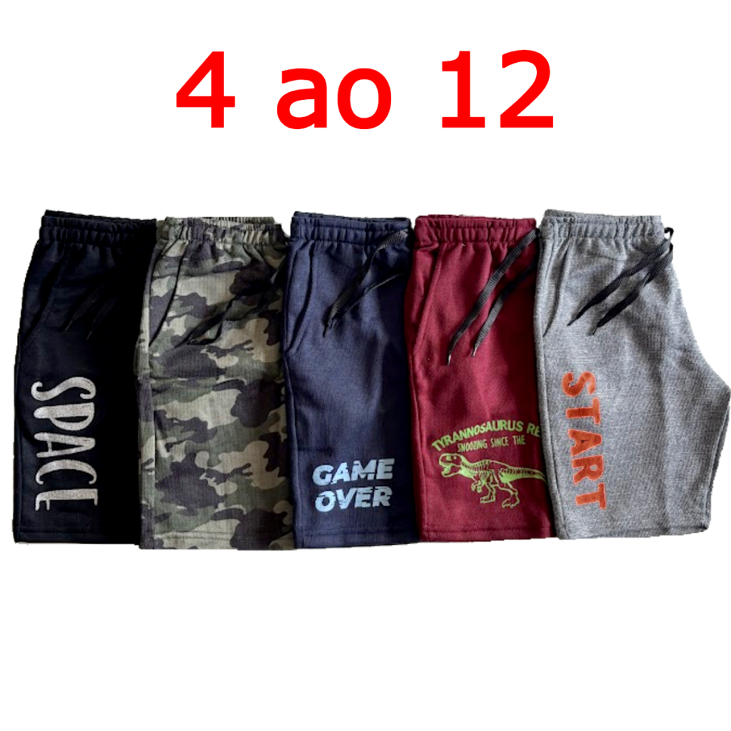 Kit 5 Bermudas Infantil Moletom Menino 4 ao 12 Estampada, Camuflada, Listrada, Rajada Cores Sortidas